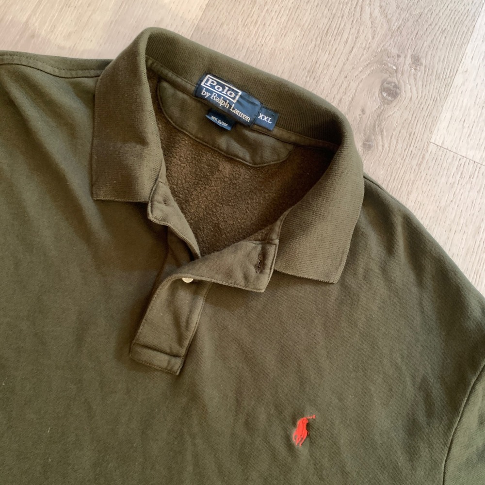 Polo Ralph Lauren Mens XXL Olive Green Long Sleeve Fleece Polo Shirt Orange Pony